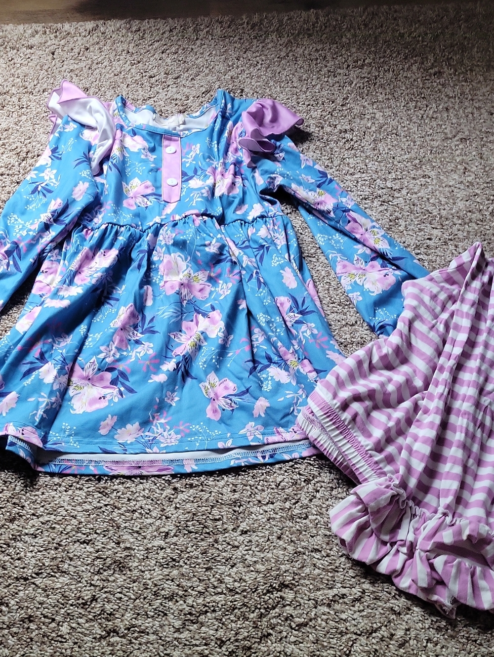 Girls Blue Floral Long-Sleeve Top with Pink Accents And Leggings